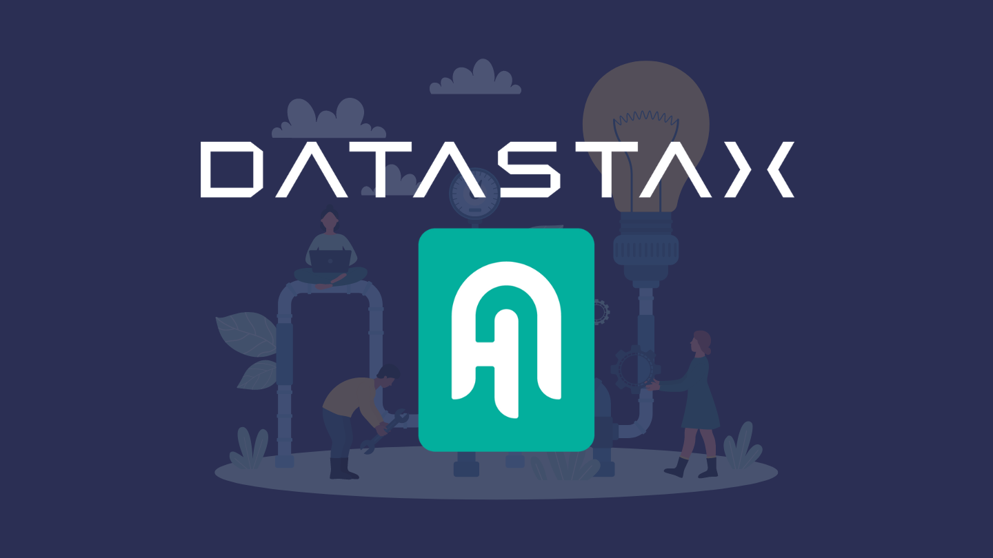 The logos for Haystack and Astra DB hang out on a blue background in front of some people tending to pipelines, and inexplicably a giant lightbulb.