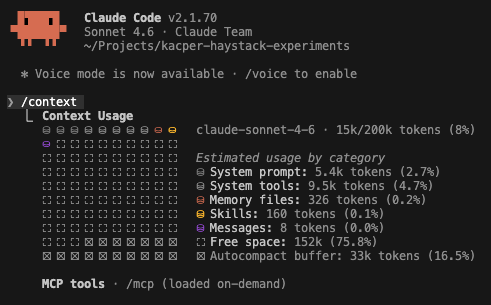 Claude Code&rsquo;s /context command breaks down where tokens are being spent - system prompt, tools, conversation history, and files.
