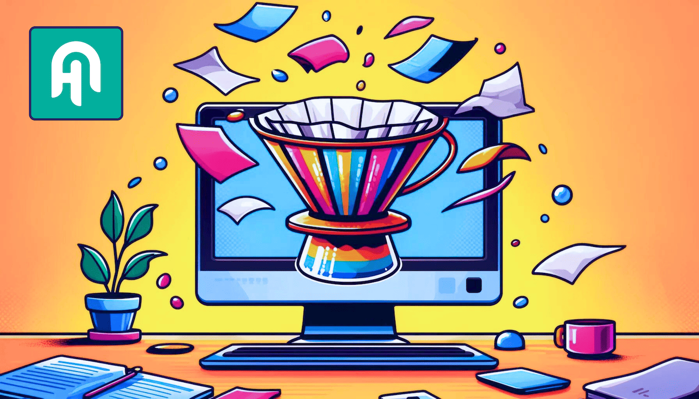 A colorful cartoon-style digital illustration of a V60 coffee filter displayed on a computer screen standing in front of an orange background. There are papers going into the filter.