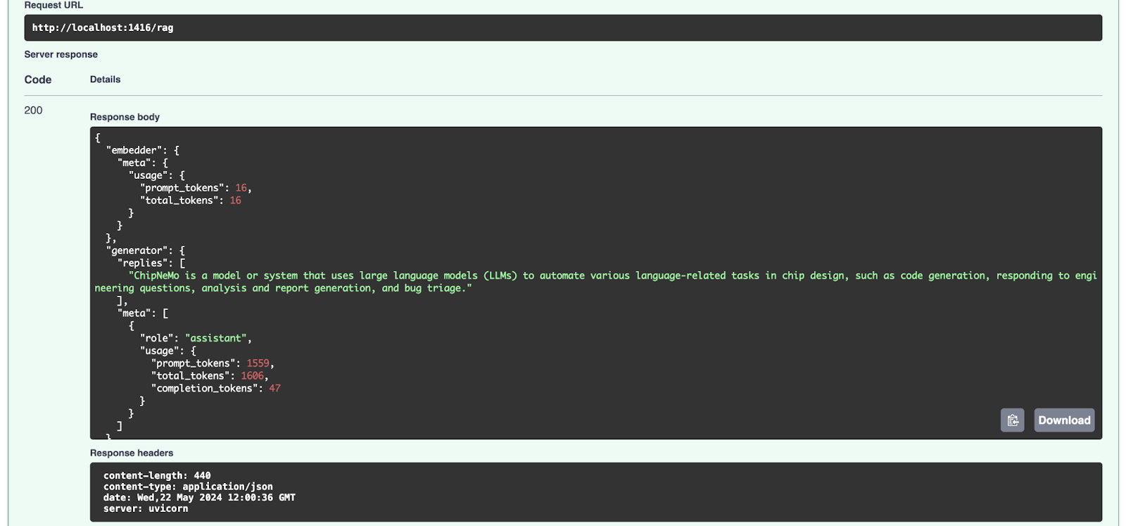 Figure 3 - API Doc UI interface for trying out the RAG Pipeline 