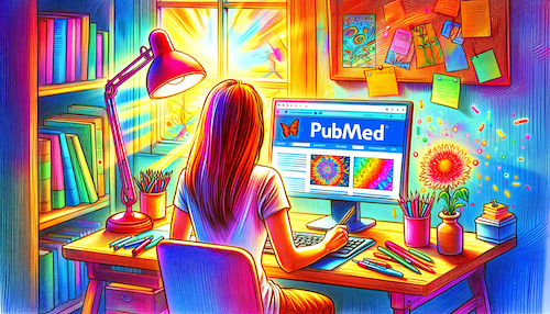 A brightly colored AI-generated image of a person with long hair looking at articles on the PubMed website. They are surrounded by books and have a flower on their desk.