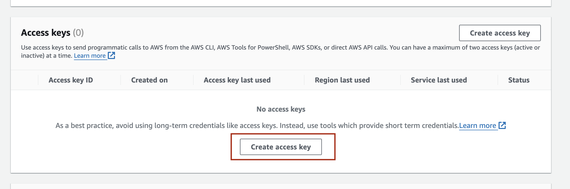 Access keys section in AWS Console, the button with text &lsquo;Create access key&rsquo; is marked in a red box