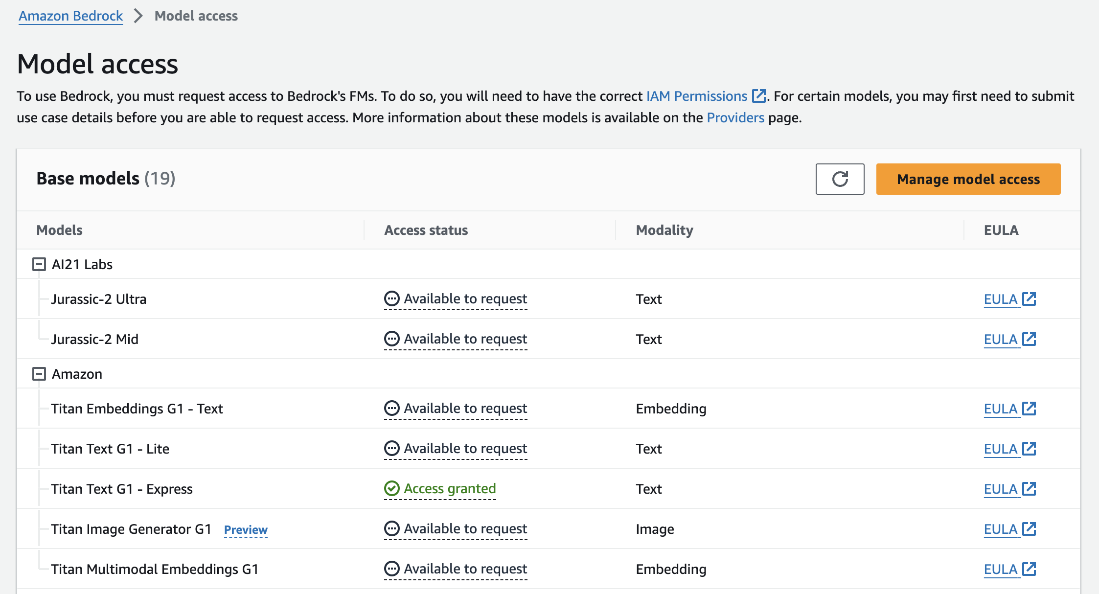 Model access page in AWS Console with model names and an orange &lsquo;Manage model access&rsquo; button