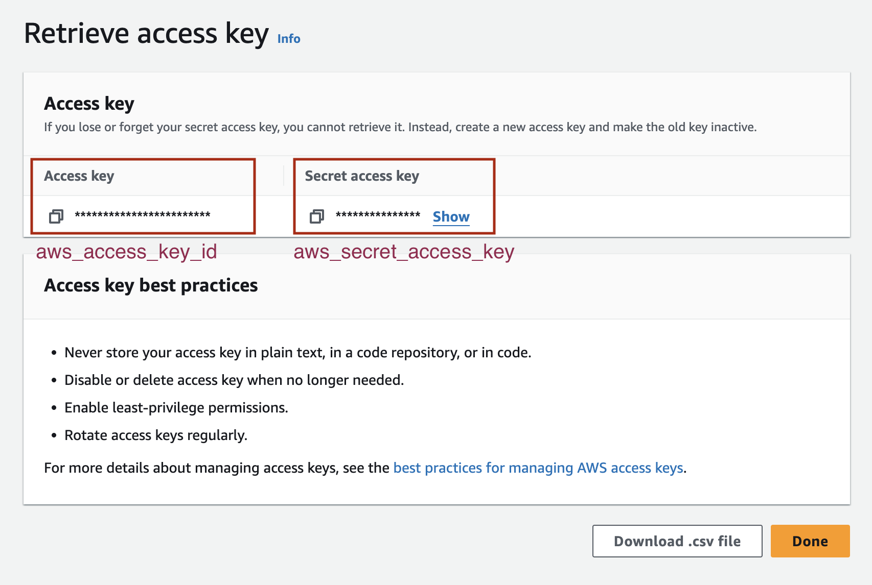 Retrieve Keys page in in AWS Console, giving details about the newly created keys