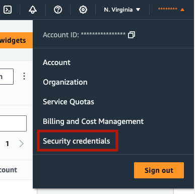 User dropdown menu in AWS Console with several options including &ldquo;Security Credentials&rdquo;